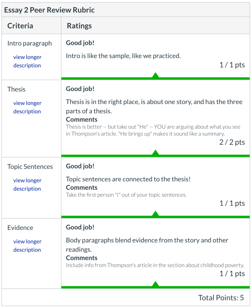 This is a sample peer review rubric that both I and the students used to evaluate an essay draft. There are rubric categories with comments with frequent comments/areas of concern, and there is also space for additional comments from me. This student had a solid draft, and so all of the required elements are in green, but if they were missing parts or needed to work on different areas, they would be in red, so it can also be pretty useful visual tool for what students need to work on.